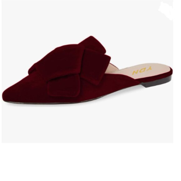 YDN Shoes - YDN Dark Red Block Low Heel Pointed Toe Mules Slip on Comfort Sandals Bow Shoe